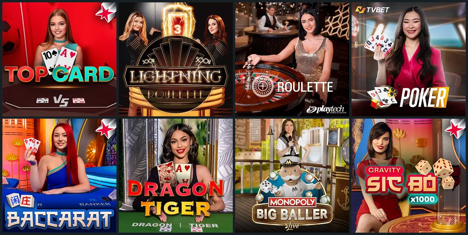 Roulette, Poker, Baccarat und Live-Shows als acht Spielcover