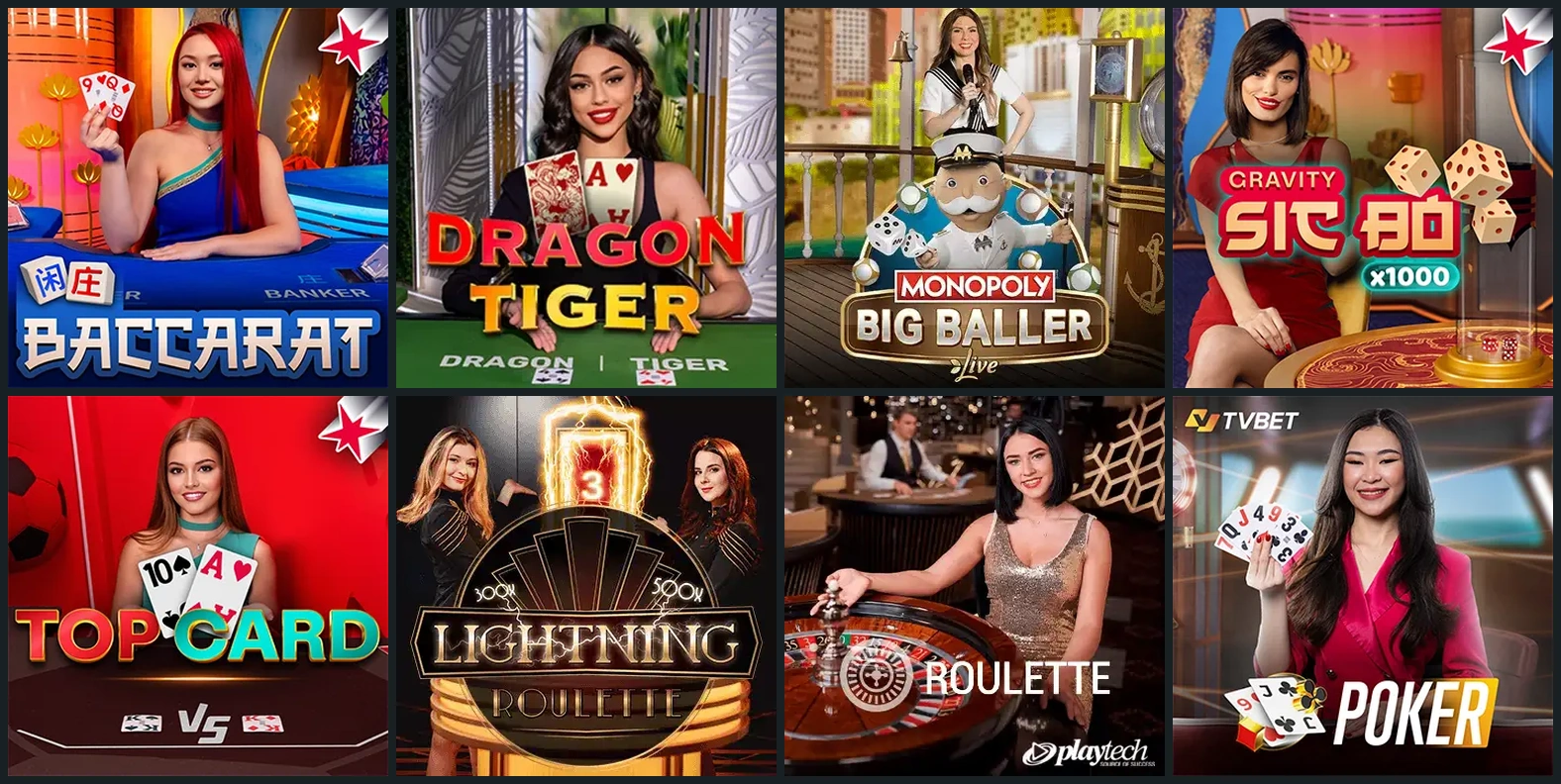 Roulette, Poker, Baccarat und Live-Shows als acht Spielcover
