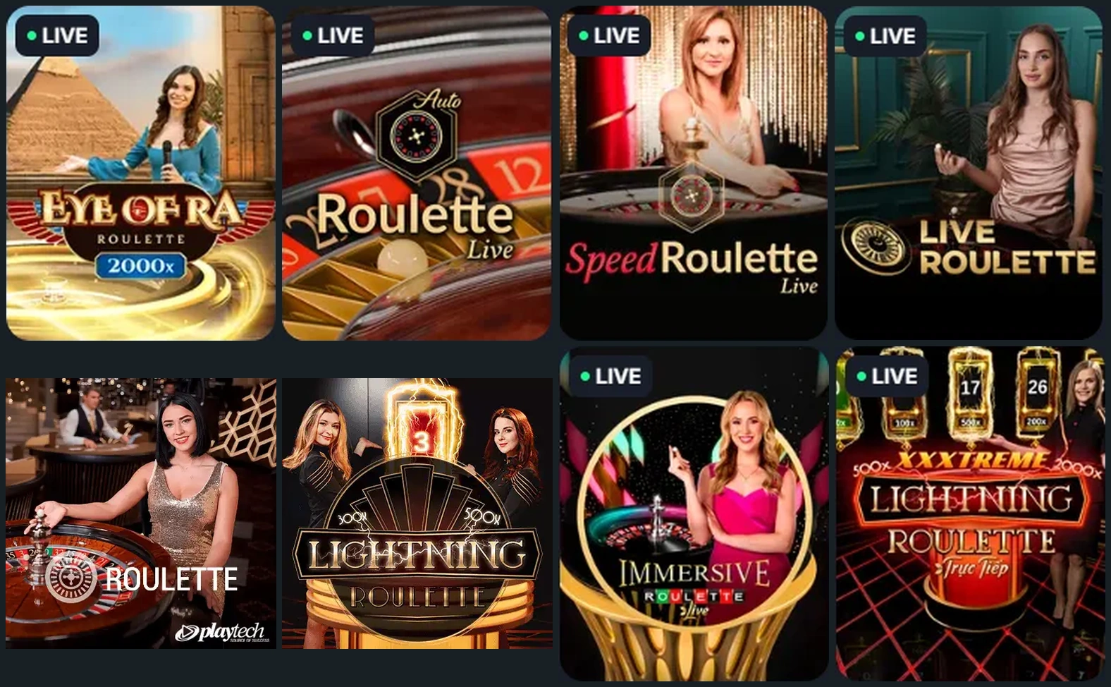Acht Roulette-Cover mit verschiedenen Live-Tischen